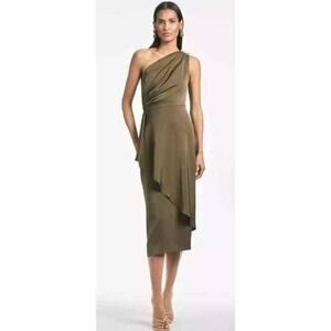 Sachin & Babi NWT Evangeline Olive Green One Shoulder Jewel Midi Dress Sz0 $495
